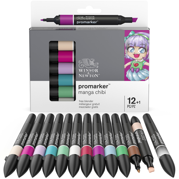 ProMarker 12-set + blender (Manga Chibi) i gruppen Penner / Kunstnerpenner / Tusjpenner hos Pen Store (100560)