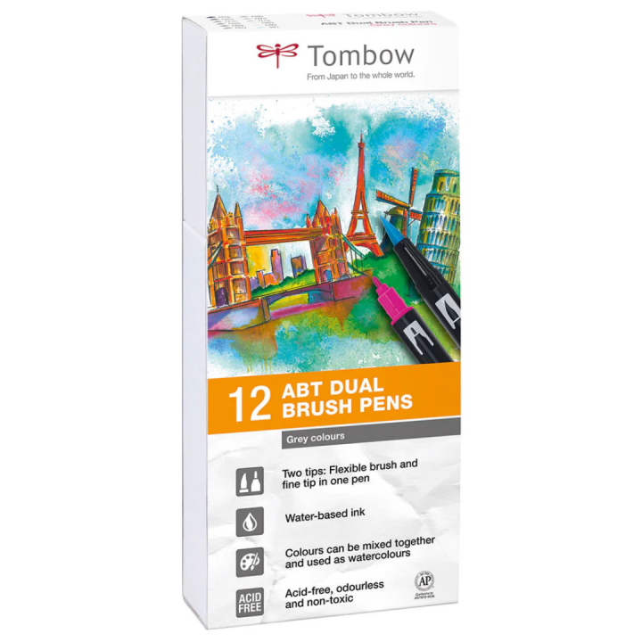 ABT Dual Brush pen 12-set Grey i gruppen Penner / Kunstnerpenner / Penselpenner hos Pen Store (101093)