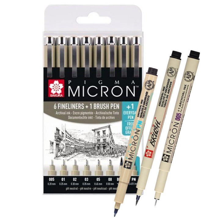 Pigma Micron Fineliner 6-set + 1 Brush Pen + 1 PN i gruppen Penner / Skrive / Fineliners hos Pen Store (103855)