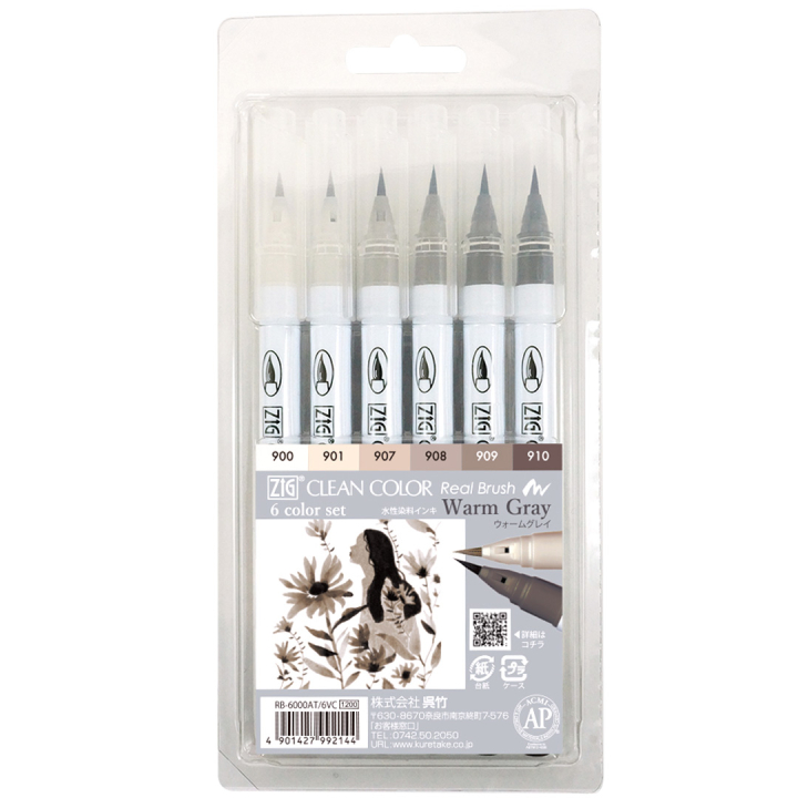 Clean Color Real Brush 6-set Warm Gray i gruppen Penner / Kunstnerpenner / Penselpenner hos Pen Store (134107)