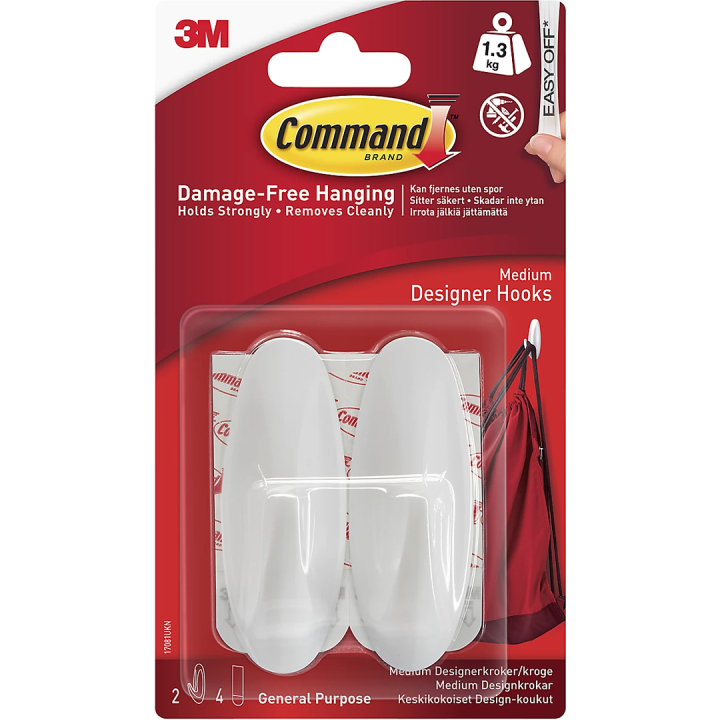 Command Selvklebende Kroker Design Medium Hvit 2-pakning i gruppen Hobby & Kreativitet / Organisere / Rammer / Bildeoppheng hos Pen Store (135683)