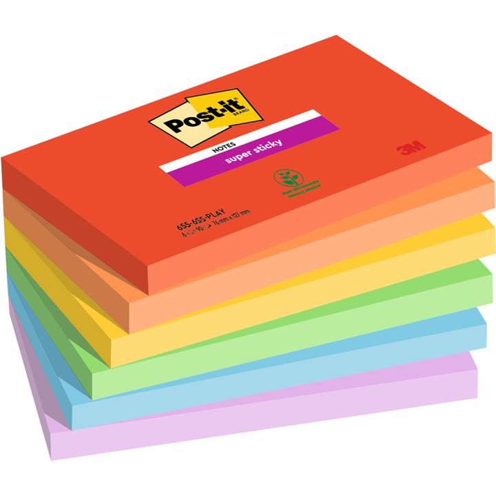 Post-it Super Sticky 76x127 Fargemiks Playful 6-pakning i gruppen  Papir & Blokk / Skrive og ta notater / Post-it og notisblokker hos Pen Store (135720)