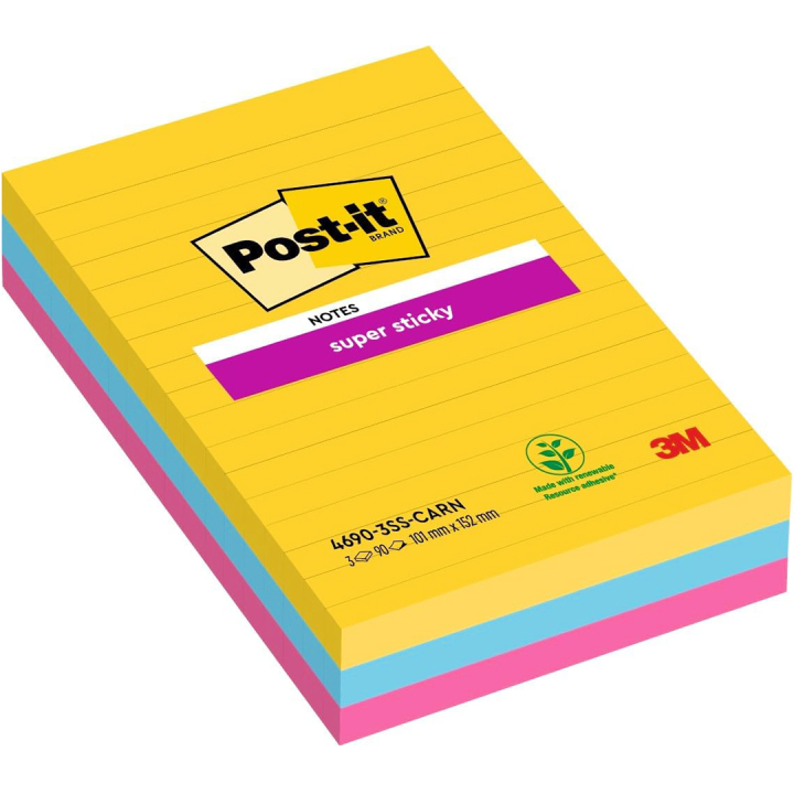 Post-it Super Sticky 101 x 152 mm Fargemiks Carnival Linjert 3-pakning i gruppen  Papir & Blokk / Skrive og ta notater / Post-it og notisblokker hos Pen Store (135725)