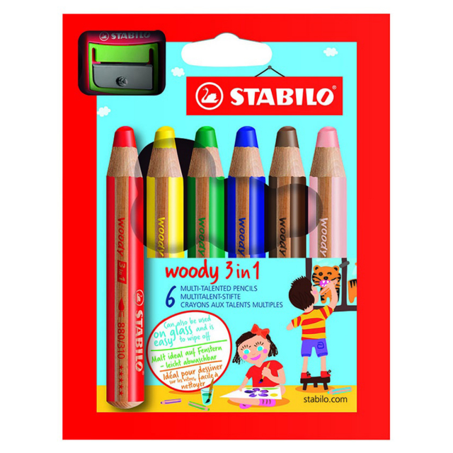 Woody 3-in-1 Fargeblyanter 6-sett + blyantspisser