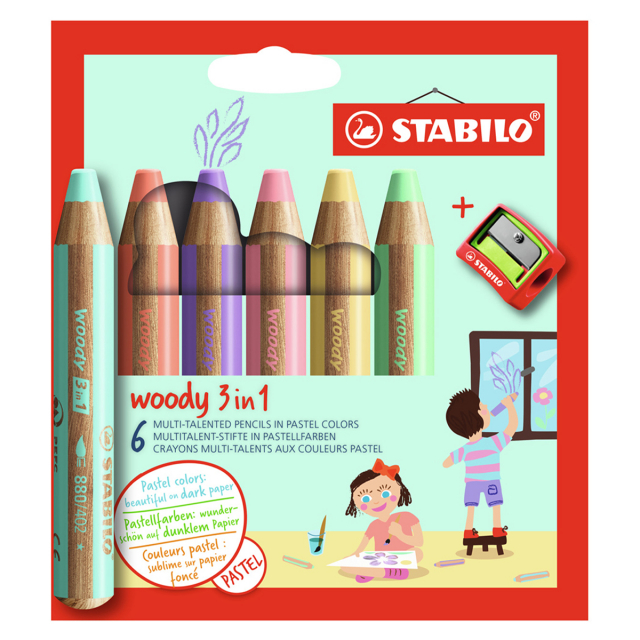 Woody 3-in-1 Fargeblyanter Pastell 6-sett + spisser