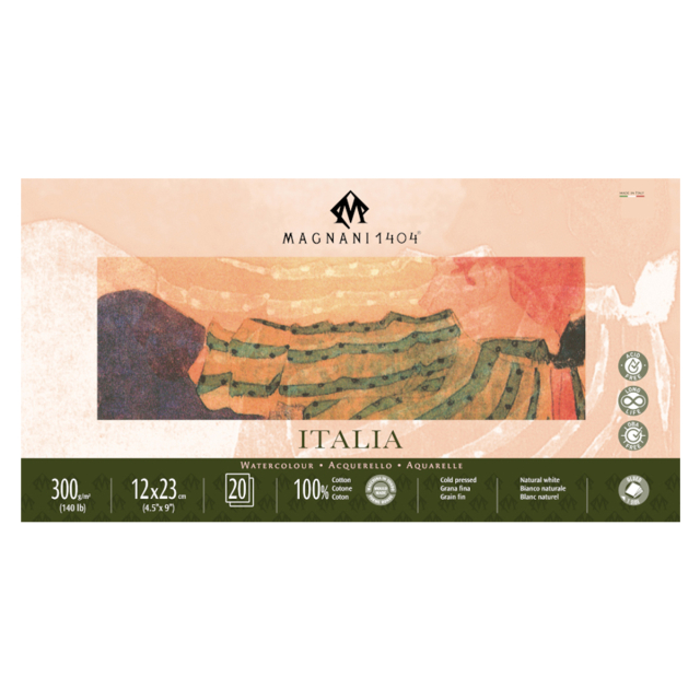 Akvarellblokk Italia 100% Bomull 300g Fine Grain 12x23cm 20 Sheets