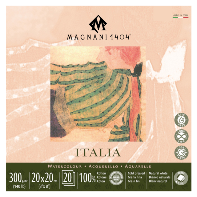 Akvarellblokk Italia 100% Bomull 300g Fine Grain 20x20cm 20 Sheets