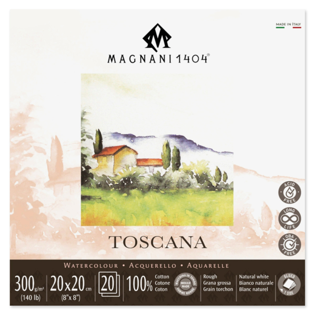 Akvarellblokk Toscana 100% Bomull 300g Rough 20x20cm 20 Sheets