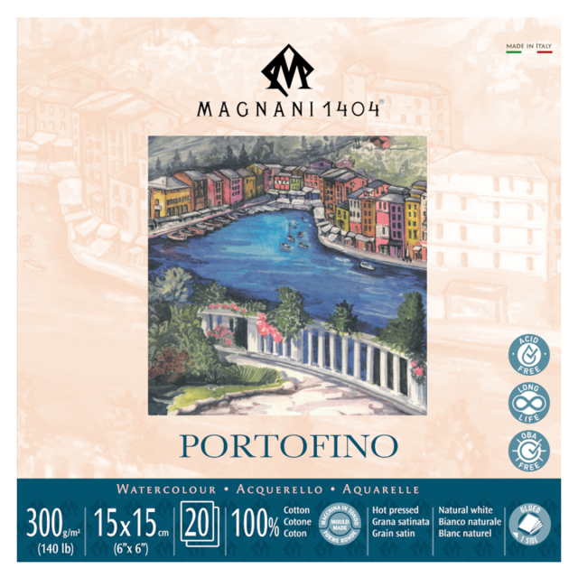 Akvarellblokk Portofino 100% Bomull 300g Satin 15x15cm 20 Sheets