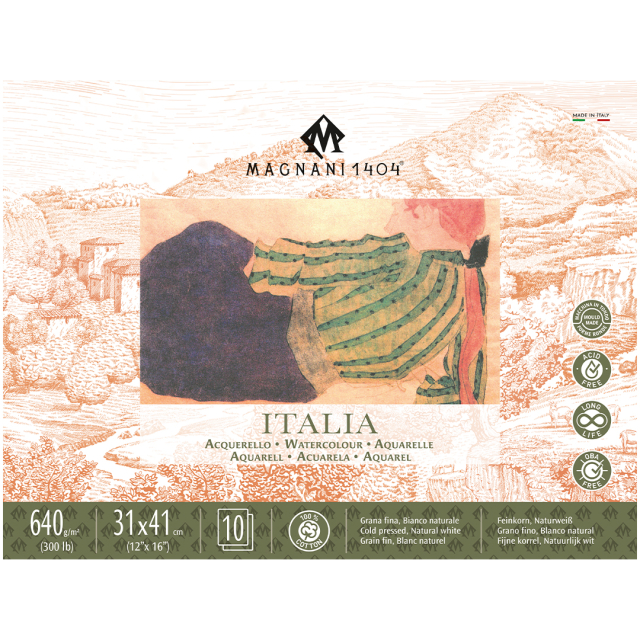 Akvarellblokk Italia 100% Bomull 640g Fine Grain 31x41cm 10 Sheets