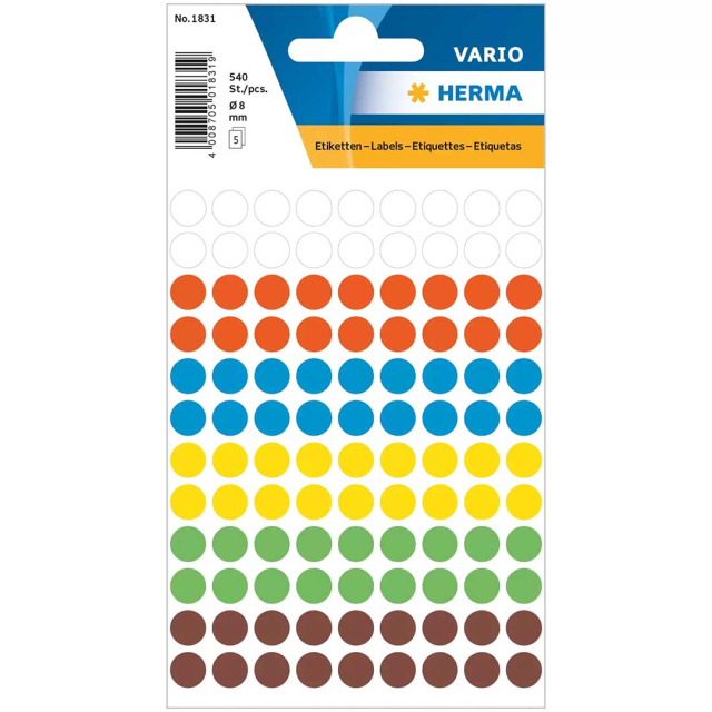Rund selvklebende etikett Ø8mm 540-pk Colourmix