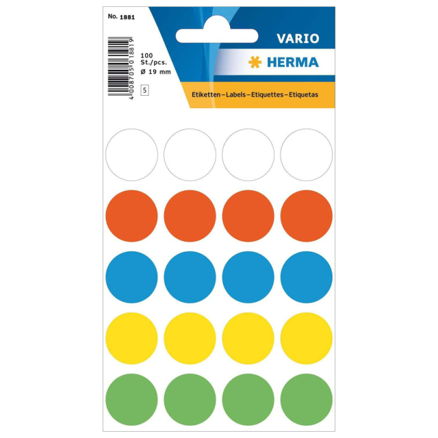 Rund selvklebende etikett Ø19mm 100-pk Colourmix