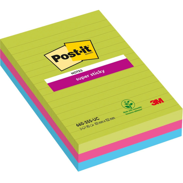 Post-it Super Sticky 101 x 152 mm Fargemiks Linjert 3-pakning