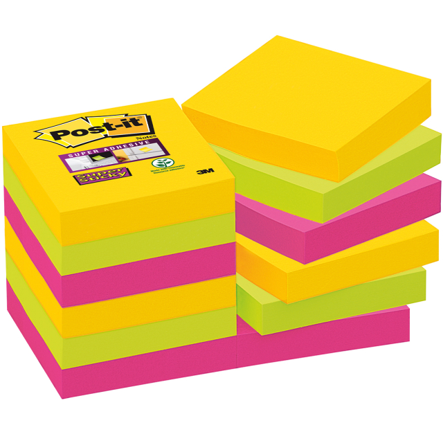 Post-it Super Sticky 47,6x47,6 Fargemiks Carnival 12-pakning