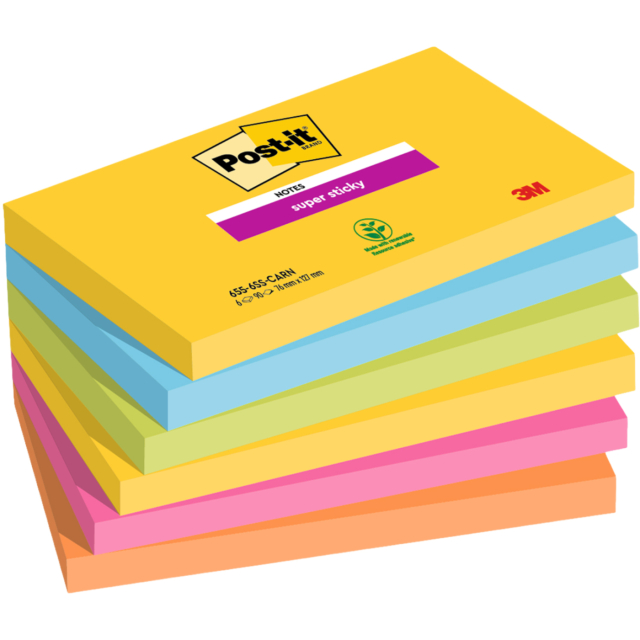 Post-it Super Sticky 76x127 Fargemiks Carnival 6-pakning
