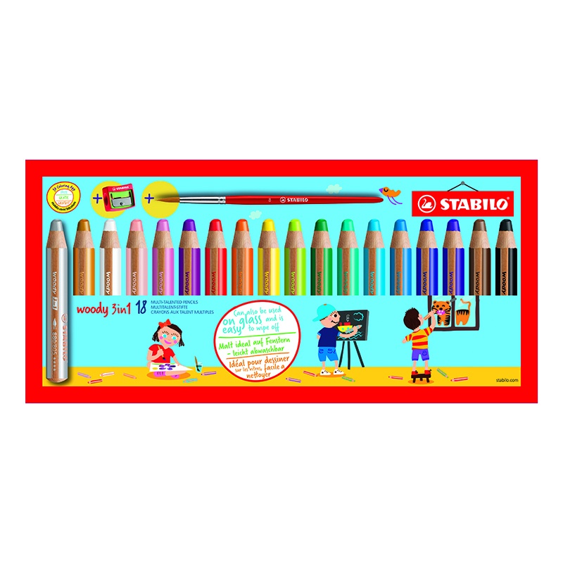 Woody 3-in-1 Coloring Pencils 18-set + sharpener and brush i gruppen Kids / Barnepenner / 3 år+ hos Pen Store (100445)