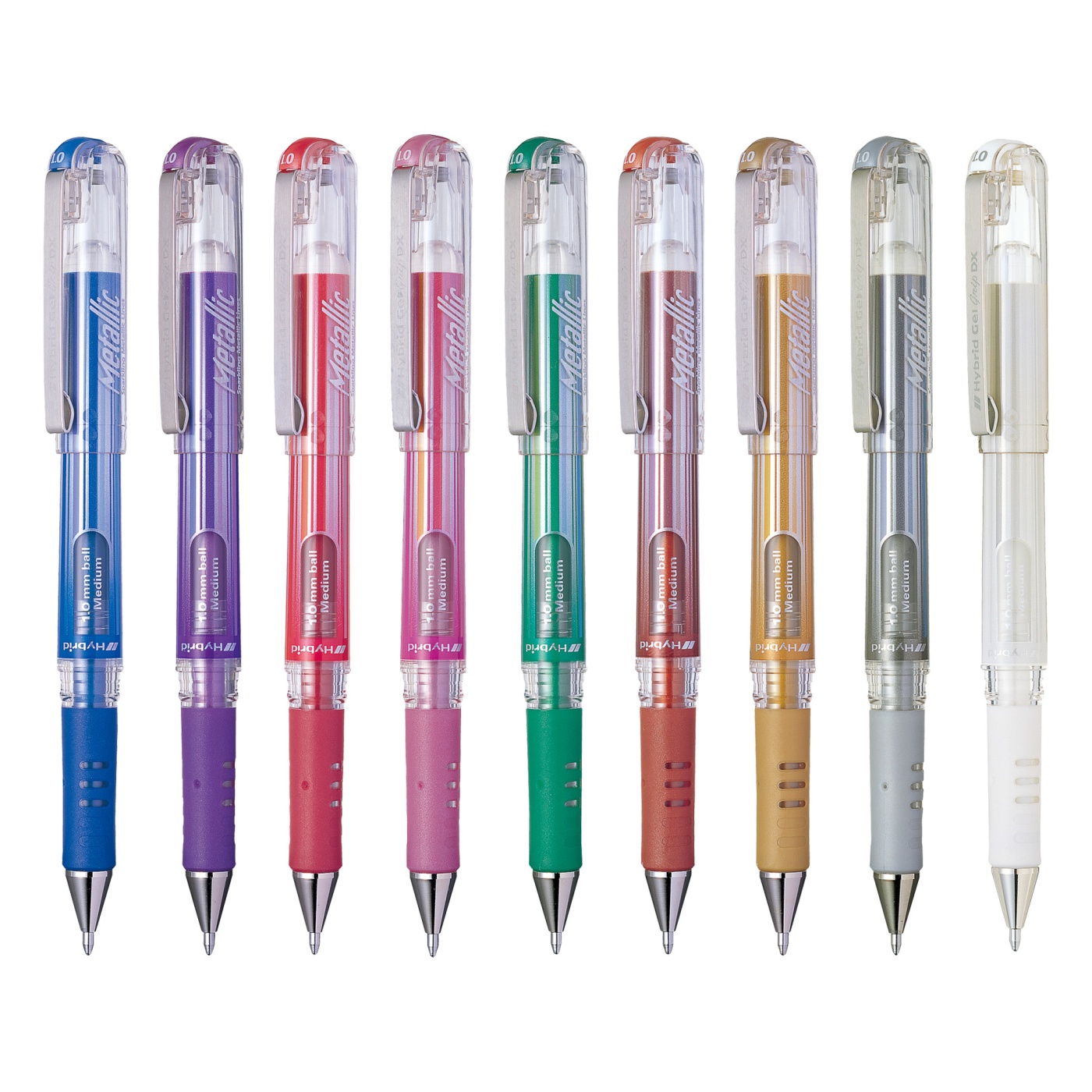 Pentel Hybrid Gel Grip DX Penne Gel Metalliche 3 Pezzi - Punta 1mm, Tratto 0.5mm, Colori: Bianco, Oro, Argento, Inchiostro Fluido Resistente